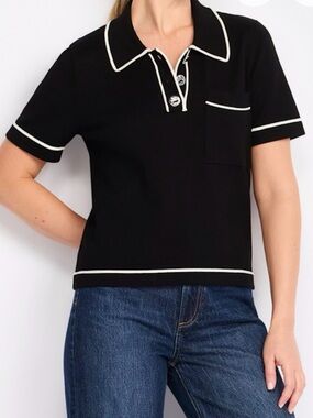 bobeau Black Polo Sweater with White Piping Sz M